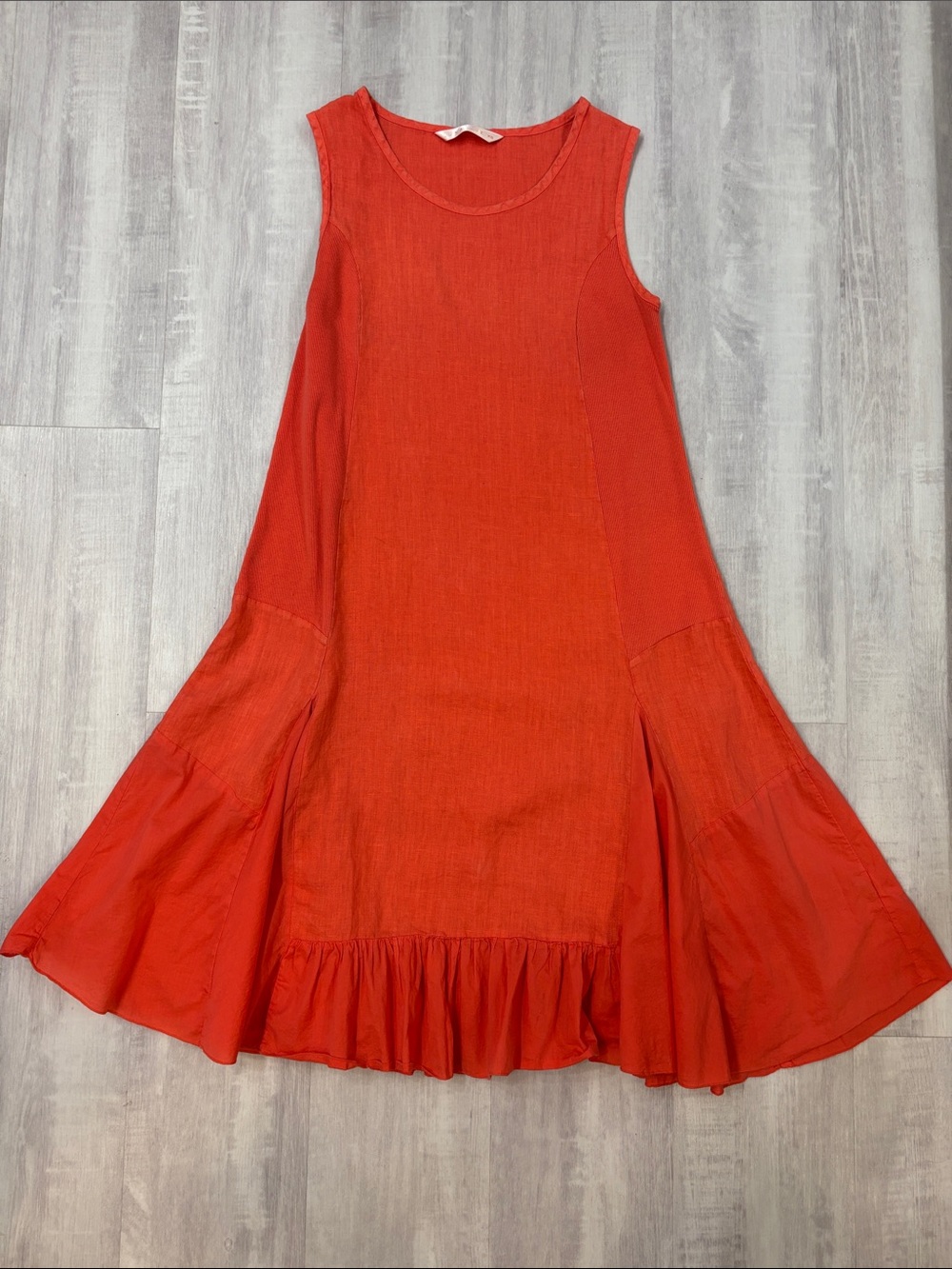 Luna Luz Sleeveless Orange-Red A-Line Dress with Flared Ruffle Hem XSmall Linen